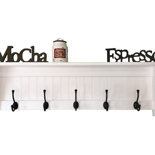 36 Inch White Coat Rack Shelf With Satin Chrome Hooks Wall Etsy