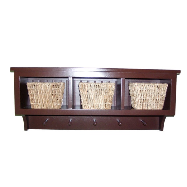 Lovely 3 Cubby storage shelf, Coat rack with Shaker Pegs, Country Decor Shelf, Entryway organizer, Wall Shelf, Basket Storage