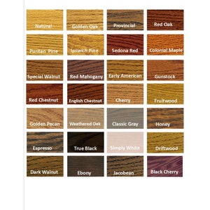 Puede incluir: Una carta de colores que muestra una variedad de colores de tinte para madera. La carta incluye tonos como Natural, Golden Oak, Provincial y Red Oak. Otros colores incluyen Puritan Pine, Ipswich Pine y Sedona Red. La carta est&aacute; organizada en una cuadr&iacute;cula.