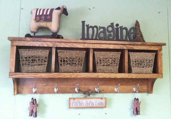 4 Cubby Wall Shelf Pine Wood 48 Wide Wall Shelf Coat Etsy
