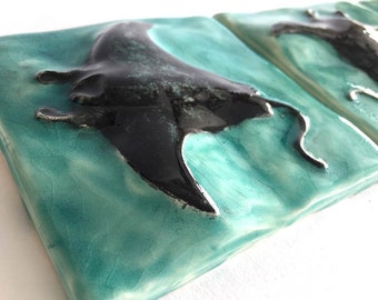 3) Sting Ray / Skate Tiles 4 x 4 inches ..... Make 4 x 12 Image Stoneware Aqua Blue