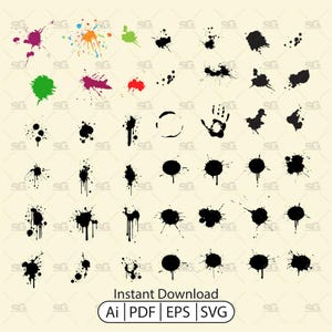 May include: A collection of vector graphic elements featuring paint splatters, handprints, and ink blots in various shapes and sizes. The color palette includes black, purple, orange, green, and red. The image includes the text "Instant Download" and file type icons.