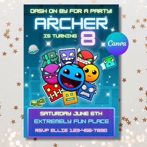 May include: A blue party invitation with the text "DASH ON BY FOR A PARTY! ARCHER IS TURNING 8". The invitation features colorful cartoon characters and the text "SATURDAY JUNE 6TH EXTREMELY FUN PLACE RSVP ELLIE 123-456-7890".