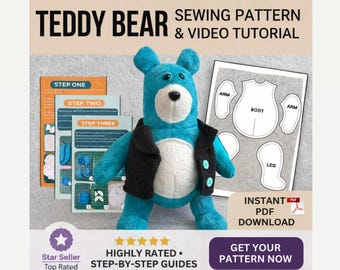 Modello PDF per orsacchiotto ricordo con tutorial passo passo, modello per cucire un orsacchiotto da collezione, modello per peluche per principianti