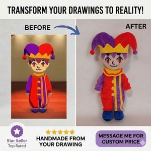 May include: Image showing a before-and-after comparison of a plush jester doll. The doll is red, purple, yellow, and blue. Text reads "Transform Your Drawings to Reality!" and "Handmade From Your Drawing."