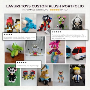 以下が含まれることがあります： Lavuri Toysのカスタムぬいぐるみポートフォリオ。画像には、青いライオン、緑のワニ、その他様々なカラフルなキャラクターなど、手作りのぬいぐるみが多数表示されています。「HANDMADE WITH LOVE」の文字と顧客レビューが含まれています。