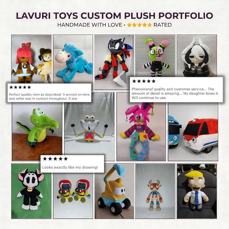 以下が含まれることがあります： Lavuri Toysのカスタムぬいぐるみポートフォリオ。画像には、青いライオン、緑のワニ、その他様々なカラフルなキャラクターなど、手作りのぬいぐるみが多数表示されています。「HANDMADE WITH LOVE」の文字と顧客レビューが含まれています。