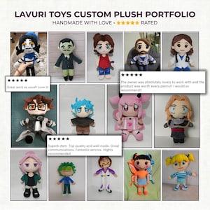 以下が含まれることがあります： Lavuri Toysのカスタムぬいぐるみポートフォリオ。画像には、青、茶色、金髪のキャラクター、医者の白衣やブレザーなどの衣装を着た、詳細な特徴を持つ手作りのぬいぐるみ人形がいくつか表示されています。「HANDMADE WITH LOVE」と顧客レビューのテキストがあります。