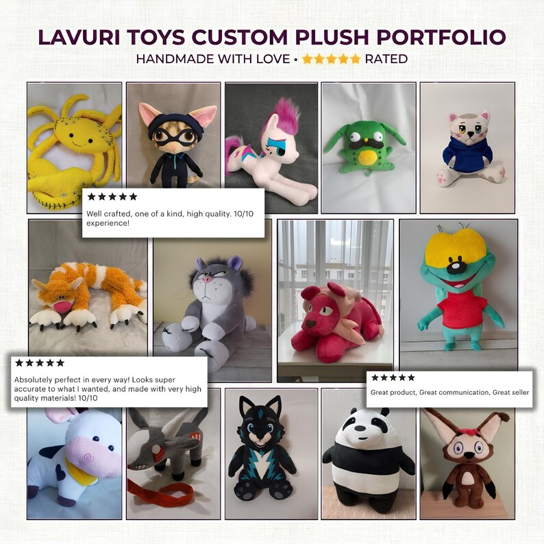 Puede incluir: Un portafolio de peluches personalizados, que incluye una criatura amarilla con forma de ara&ntilde;a, una figura parecida a un gato, un pony rosa y blanco y un oso panda. El texto "LAVURI TOYS CUSTOM PLUSH PORTFOLIO" y "HANDMADE WITH LOVE" se muestran en la parte superior.