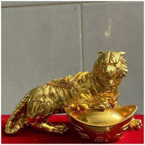 Golden Tiger with Gold Ingot | 12cm Solid Brass Figurine | Feng Shui Wealth & Power Symbol | Handcrafted Tiger Statue| Prosperity Decor Gift