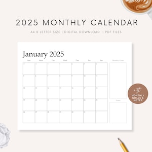 2025 Calendar Digital Download File, Monthly Calendar with Goals and Notes, Printable Calendar for 2025, Minimalist Monthly Calendar