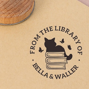 Niedliche Katzen Buch Stempel, Personalisierte Bibliothek Stempel, Holz Stempel, Aus der Bibliothek von, Personalisierter Namen Stempel, Individueller Stempel, EX LIBRIS STEMPEL