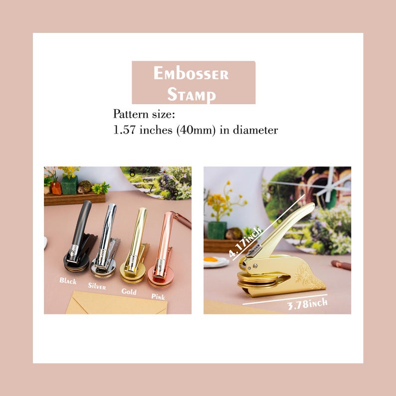 May include: Four embosser stamps in black, silver, gold, and pink. The stamps are 1.57 inches in diameter. A gold embosser stamp is shown in use, with a handle that is 4.17 inches long and a base that is 3.78 inches wide.
