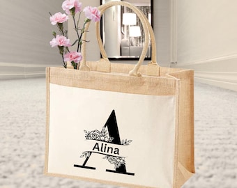 Sacola de juta personalizada com nome para a mãe | Presente de Natal, presente de Dia das Mães | Sacola de compras, presente de agradecimento | Sacola de juta