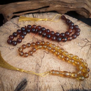 Blue Amber Rosary Prayer Beads - 33 Beads - Natural Sumatran Blue Amber Handcrafted Tesbih with honey tone and brownish-red hue, Rosary Gift