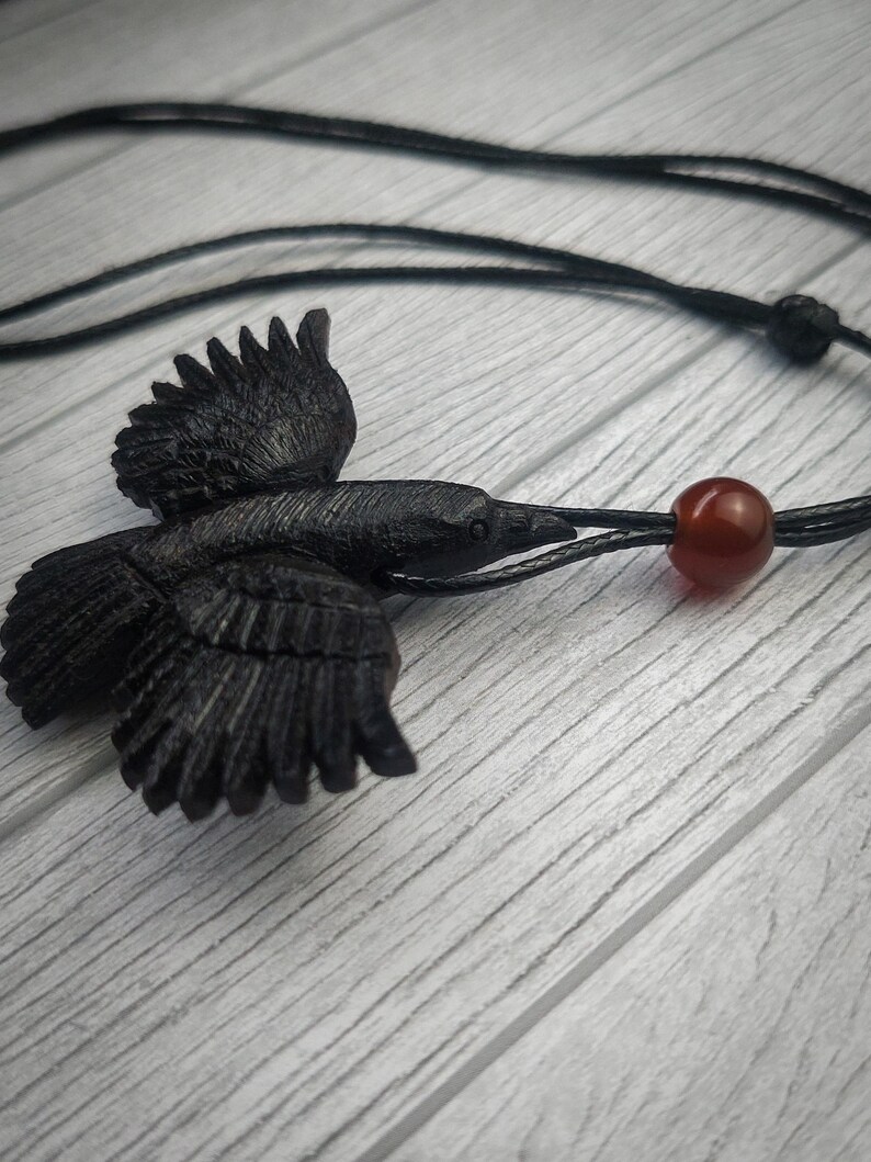 Hand-carved Ebony Wood Raven Pendant: Blue Amber Accent - Etsy