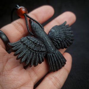 Hand-carved Ebony Wood Raven Pendant: Blue Amber Accent - Etsy