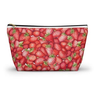 Strawberry Print Accessory Pouch, Cute Makeup Bag, Summer Travel Organizer, Strawberry Lover Gift, Floral Toiletry Bag