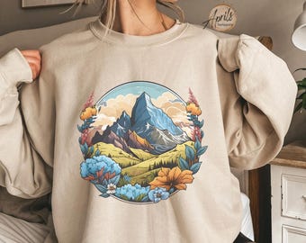 Trui bergavontuur, kampeersweater, sweatshirt bergsilhouet, sweater berg, natuursweater, sweater zonsondergang