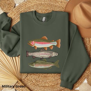 Fishing Sweater, Abstract Trout In A Row Sweatshirt - River Fish Trout Species Outfit - Fly Fishing Gift - Boho Unisex Crewneck Sweatshirt