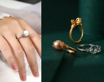 Base para anillo para cuentas redondas o perlas de 8 mm a 10 mm, chapada en oro, plata 925, montura de anillo con forma de flor y base de anillo ajustable.