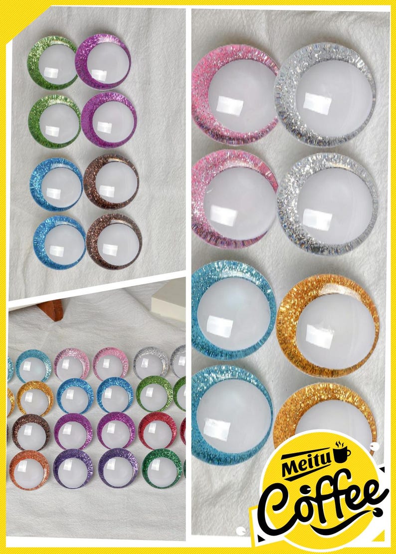 May include: A collection of decorative, glitter-rimmed, oval-shaped objects in various colors, including green, purple, blue, brown, pink, silver, and gold. Each object has a white, circular center. The image also includes the "Meitu Coffee" logo.