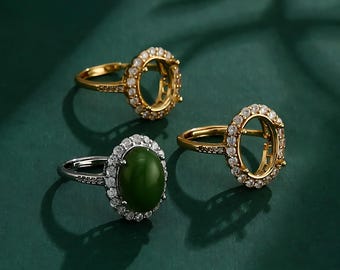 Ring Setting for 7x9m/8x10m/9x11m/10x12m/10x14m Oval Cabochons Ring Blank Thai Sterling Silver Rhinestone Adjustable Band Ring Base