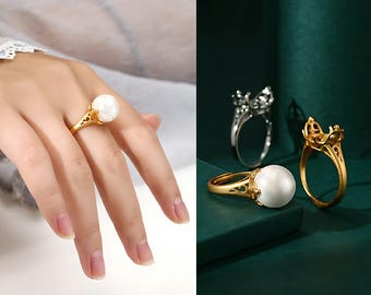 Base para anillo para cuentas redondas o perlas de 10-11 mm, chapada en oro, plata 925, montura de anillo con forma de flor y base de anillo ajustable.