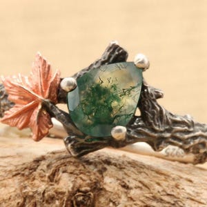 Moosachat Ring-Natur-inspirierter Opalring mit Ahornblattzweig,Individualisierbarer S925 Silber,Naturring, Moosachat-Fantasiering Blattring