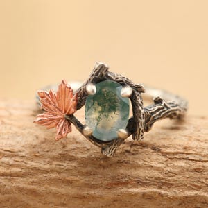 Moosachat Ring-Natur-inspirierter Opalring mit Ahornblattzweig,Individualisierbarer S925 Silber,Naturring, Moosachat-Fantasiering Blattring