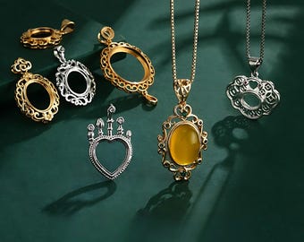Pendant Blank for 11x11mm/12x12mm/13x13mm Oval Cabochons Pendant Setting White Gold Plated 925 Silver Pendant Base HJ1751