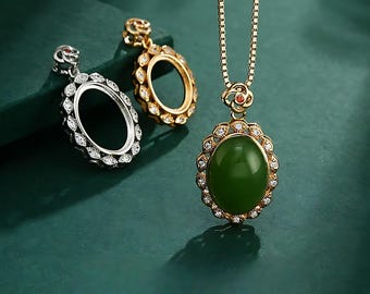 Base para colgante en blanco para cabujones ovalados de 8x10 mm/9x11 mm/10x14 mm, chapada en oro blanco, de plata 925. Modelo HJ1751.