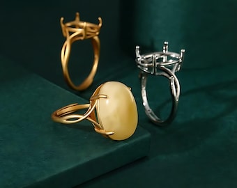 Base de anillo ajustable con base de plata de ley tailandesa y diamantes de imitación para cabujones ovalados de 11 x 13 mm, 10 x 14 mm, 11 x 15 mm, 12 x 16 mm y 13 x 18 mm.