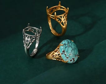 Montura de anillo para cabujones ovalados de 10x13 mm/11x14 mm/12x15 mm/13x16 mm/14x17 mm, anillo en blanco de plata de ley tailandesa con diamantes de imitación, base de anillo ajustable