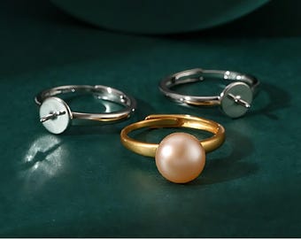 Base para anillo para cuentas redondas o perlas de 8 mm a 10 mm, chapada en oro, plata 925, montura de anillo con forma de flor y base de anillo ajustable.