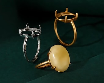 Montura de anillo para cabujones ovalados de 6x7 mm/7x9 mm/8x10 mm/9x11 mm/13x18 mm, anillo en blanco de plata de ley tailandesa con diamantes de imitación, base de anillo ajustable