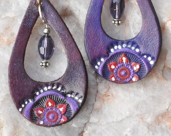 Purple Leather Dangle Earrings, Stamped and Painted Purple, Purple Beads