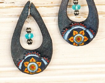 Denim Blue Leather Dangle Earrings, Stamped and Painted