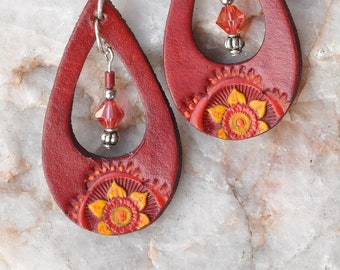 Leather Dangle Earrings, Stamped and Painted Red, Red Beads