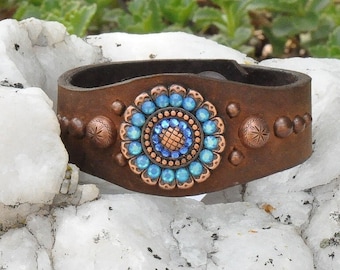 Leather Bracelet with Sunflower Concho and Studs, Sky Blue Opal Crystals