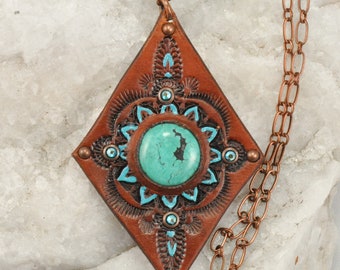 Leather Pendant with Inset Turquoise Cabochon, Stamped, Tooled, Painted