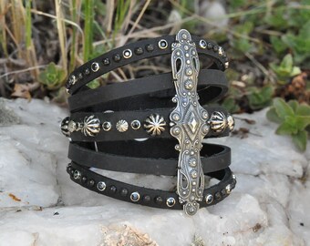 Split Leather Cuff Bracelet with Filigree Bar Center, Studs and Crystals