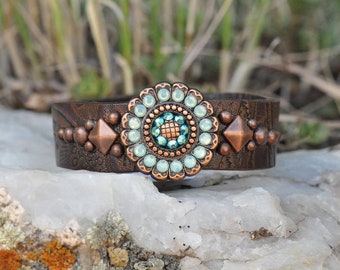 Leather Bracelet with Sunflower Concho and Studs, Pacific Opal Crystals