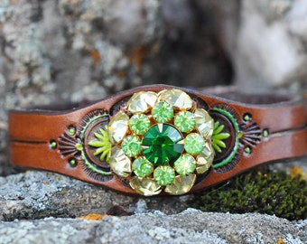 Leather Cuff Bracelet with Vintage Rhinestone Jewelry, Hand Stamped, Painted