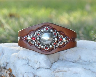 Leather Cuff Bracelet with Vintage Sterling Silver Concho &  Silver Tone Filigree