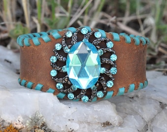 Leather Cuff Bracelet with Vintage Brooch and Laced Edge