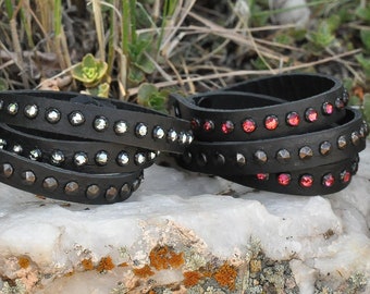 Triple Wrapped Leather Bracelet, Black Leather, Studs and Crystals