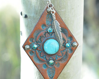 Leather Pendant with Inset Turquoise Cabochon, Stamped, Tooled
