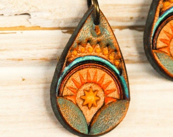 Leather Dangle Earrings, Stamped and Painted