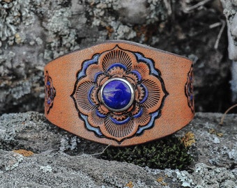 Leather Cuff with Floral Stamped Design and Lapis Cabochon, Stamped, Tooled